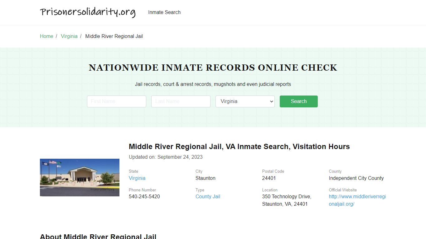 Middle River Regional Jail, VA Inmate Search, Visitation Hours